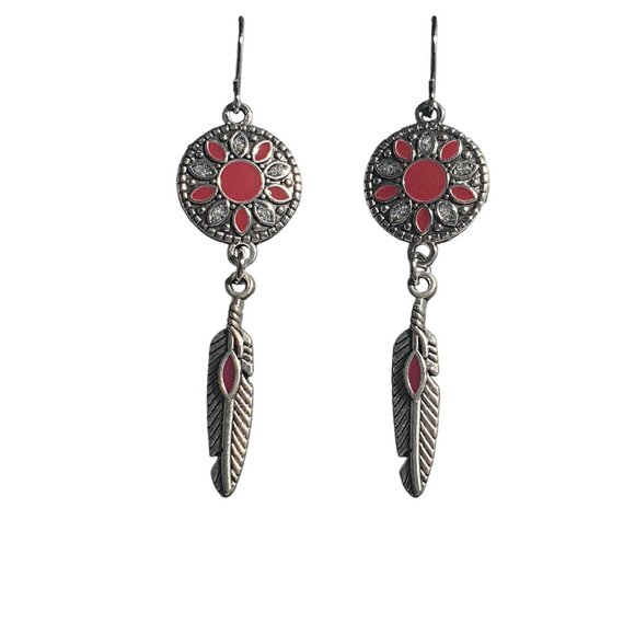 Vintage Style Silver Tone Red Feather Dangle Earrings Southwestern Boho Chic - Picture 3 of 5